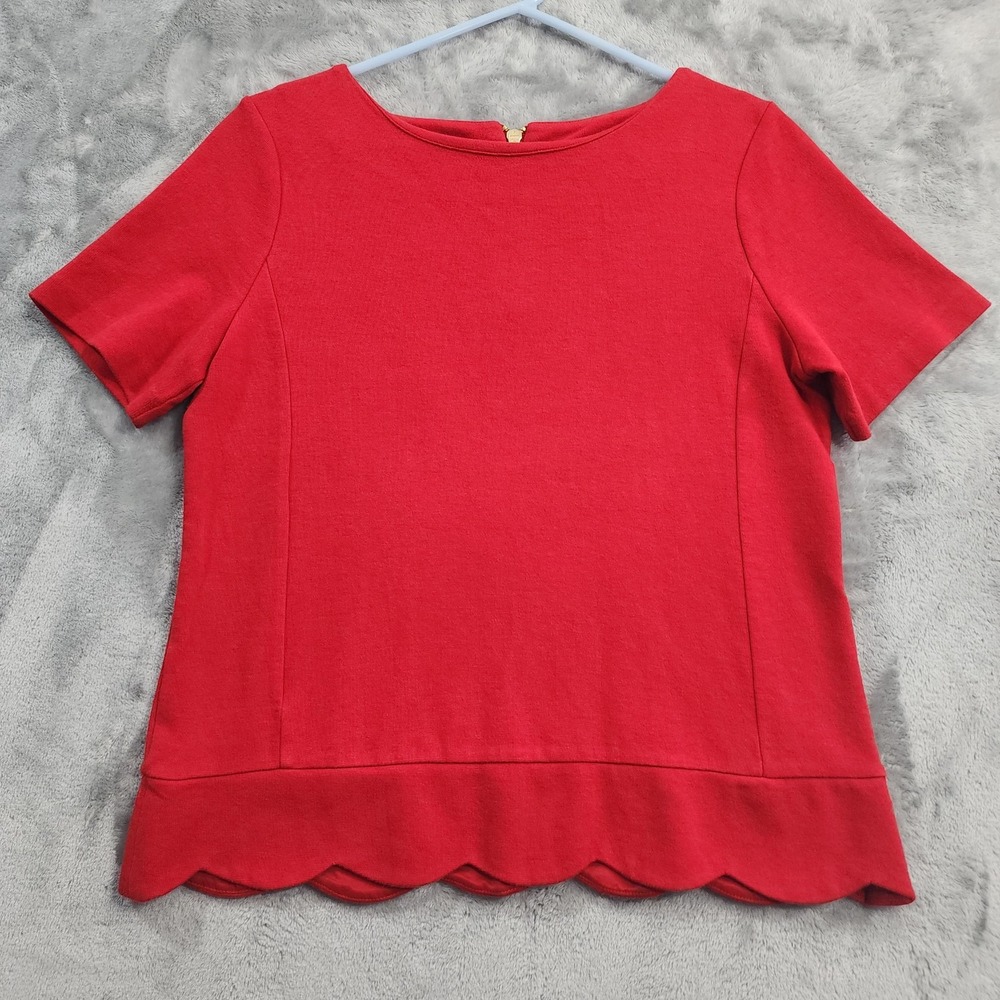Talbots Top Womens M Red Scalloped Hem Short Sleeve Knit Stretch Blouse Zip Back